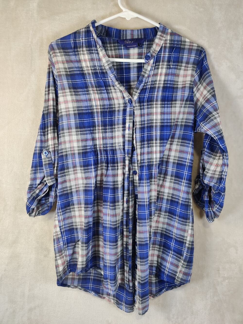 Miley Cyrus Women's Blue Plaid Shirt Size XL 100% Cotton V Neck Tie Maxi Azria